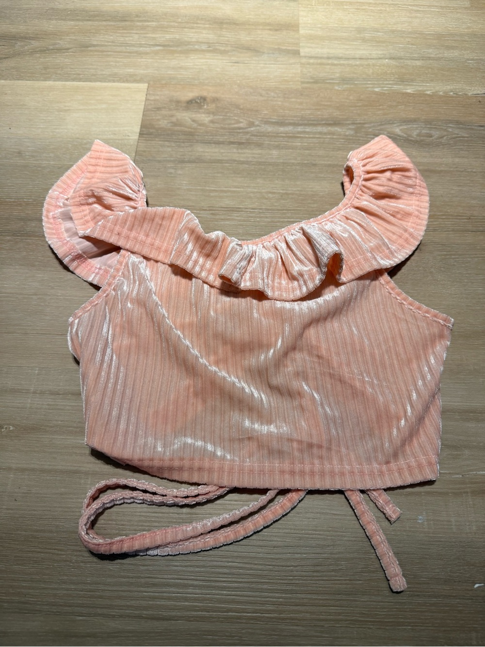 SHEIN Peach Ruched Ruffle Cropped Tie Top - Picture 4 of 5